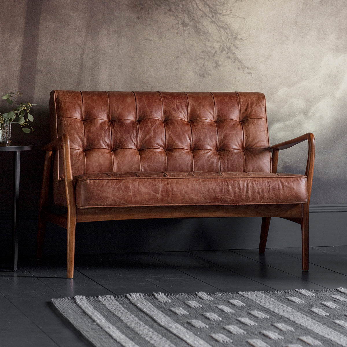 Ronson 2 seat mid-century sofa in vintage brown leather upholstery | MalletandPlane.com