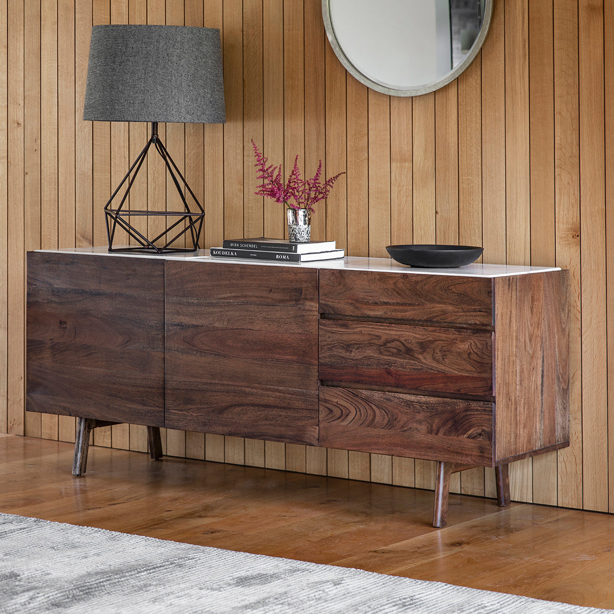 Fresca Mid Century Sideboard in Walnut with White Marble Top | MalletandPlane.com