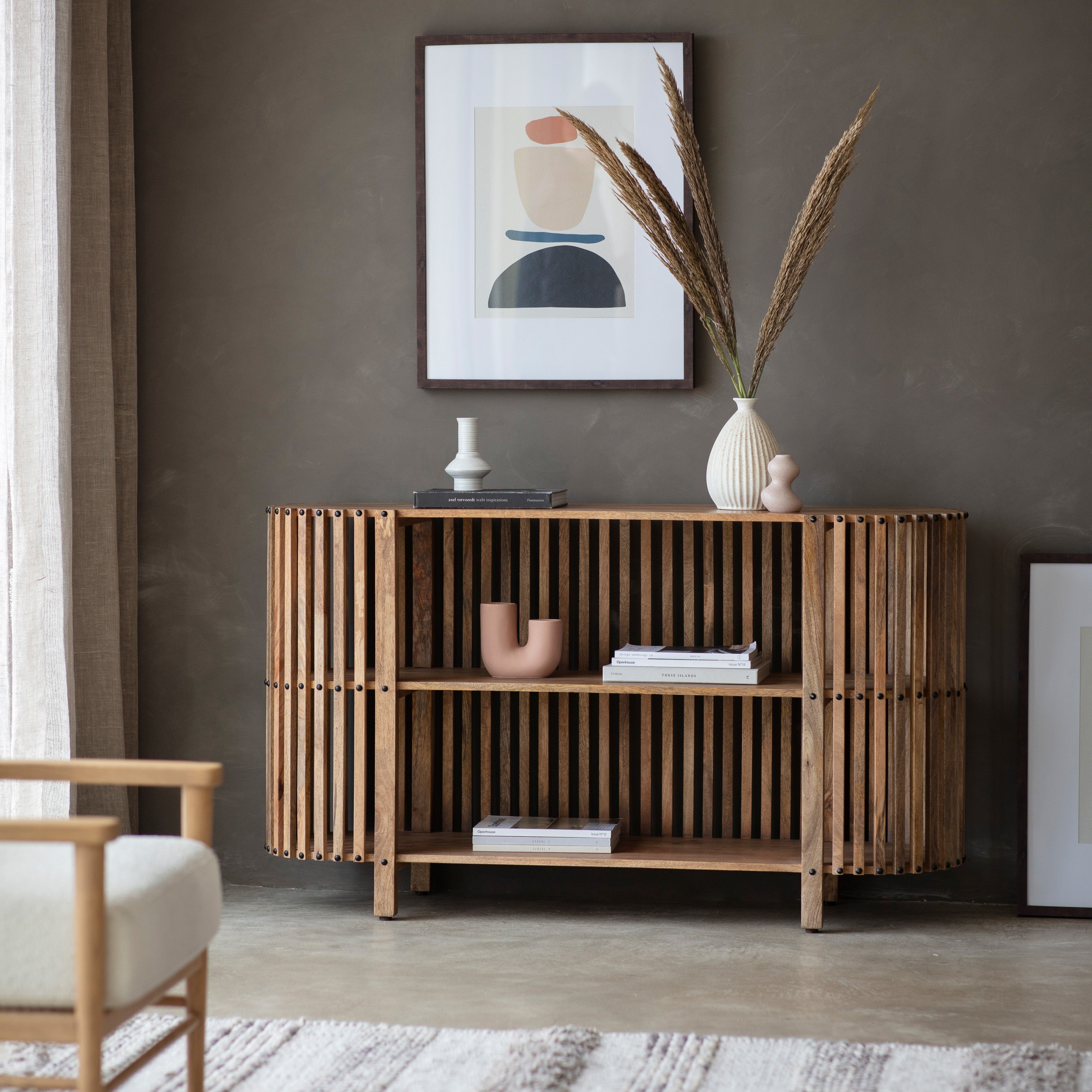 Nelson slatted open sideboard in natural finish solid mango wood | MalletandPlane.com