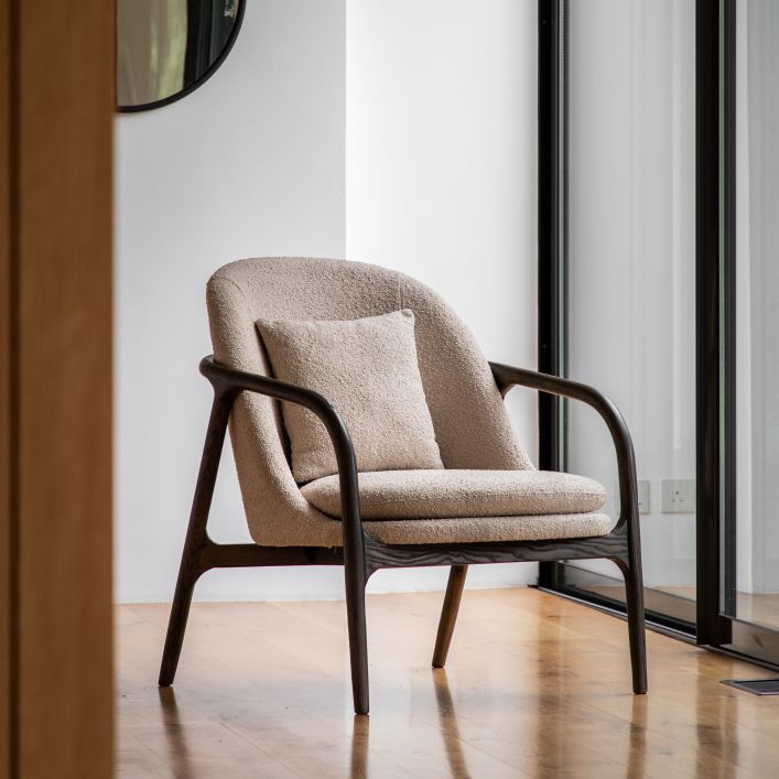 Finn Taupe Mid Century Armchair with dark wood frame| MalletandPlane.com