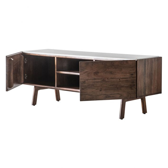 Fresca media unit / TV stand in walnut with white marble top | MalletandPlane.com