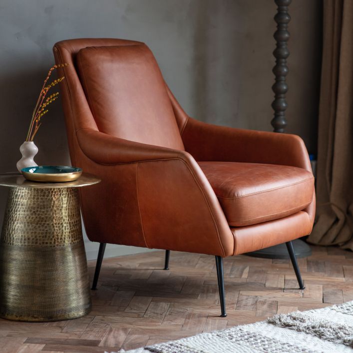 Frith Leather Armchair in brown leather with matt black metal legs | malletandplane.com