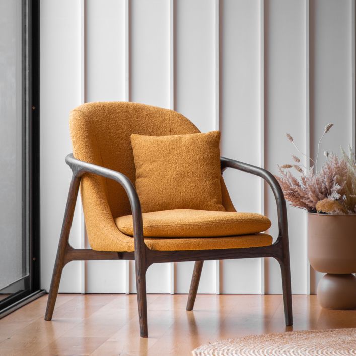 Finn Ochre Mid Century Armchair with dark wood frame | malletandplane.com