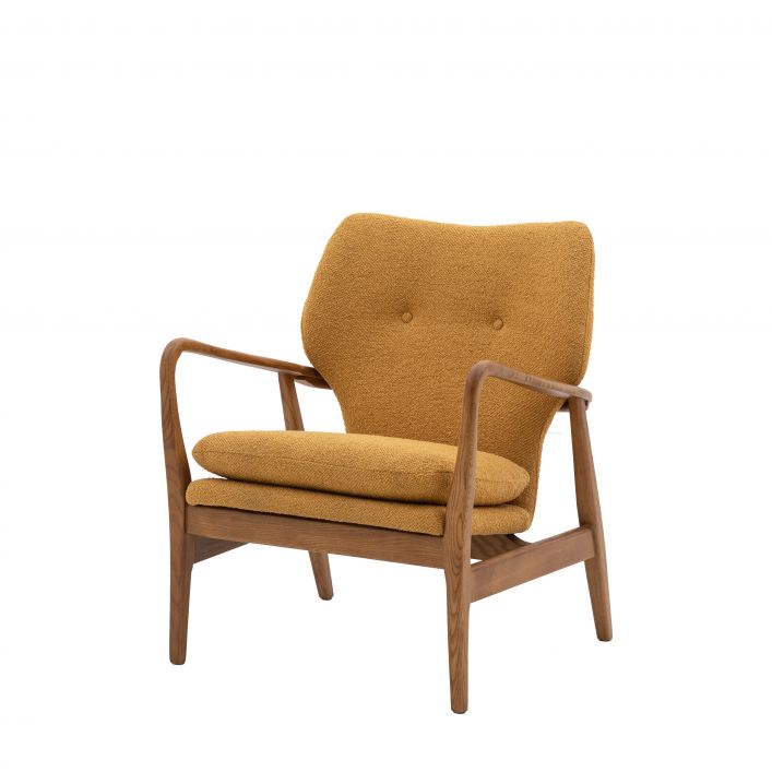 Arny Mid Century Style Small Armchair in Ochre linen with button detail | MalletandPlane.com