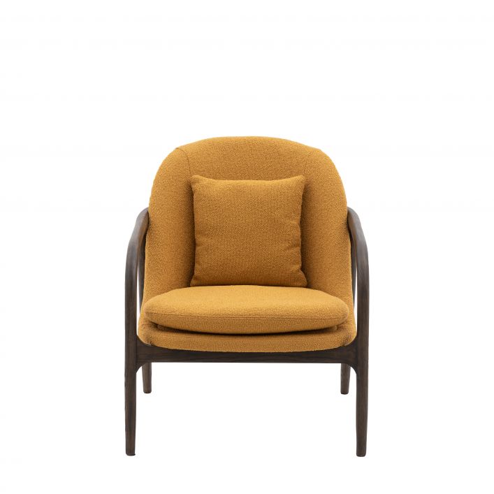 Finn Ochre Mid Century Armchair with dark wood frame | malletandplane.com