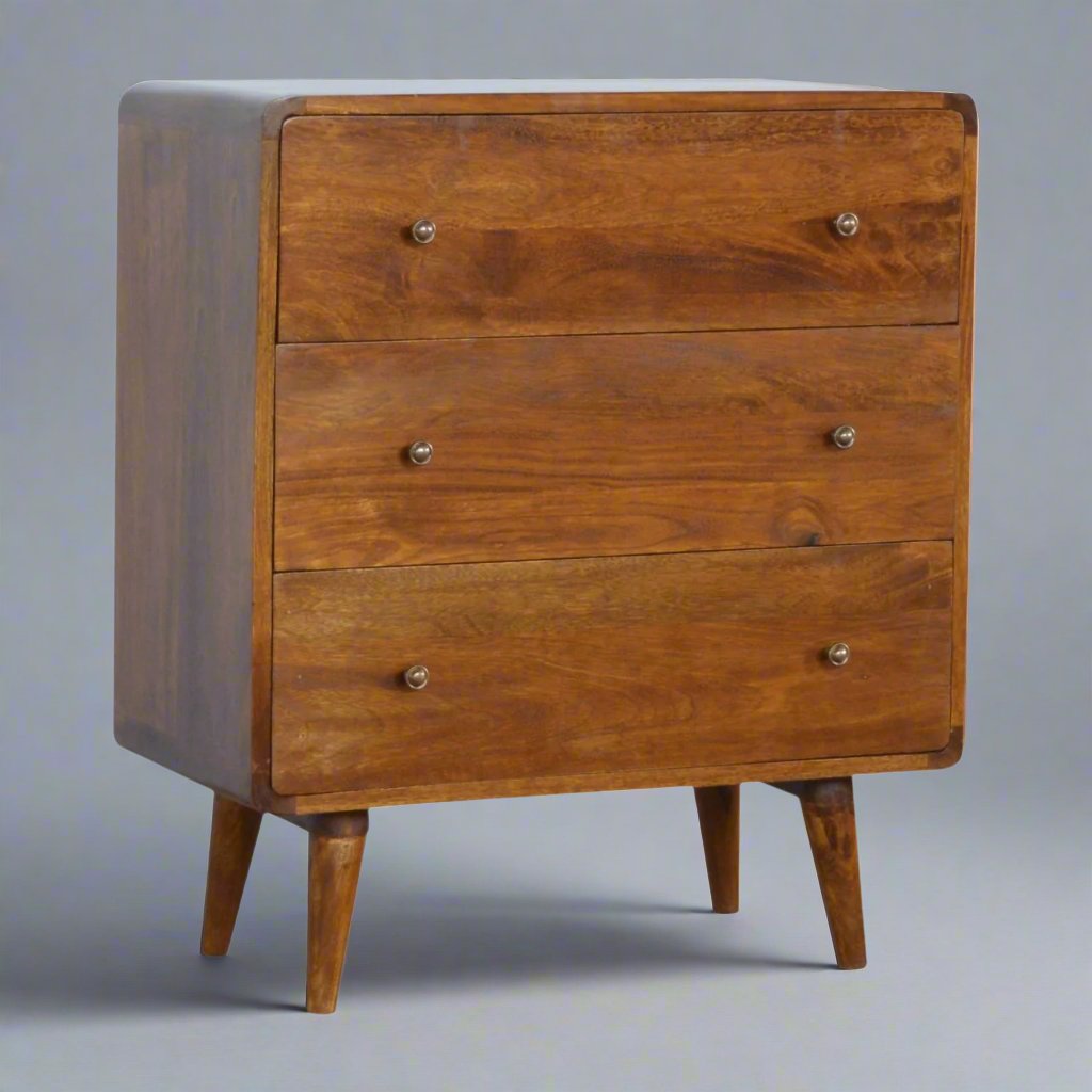 Century handmade solid wood 3 drawer chest of drawers in deep chestnut finish | malletandplane.com