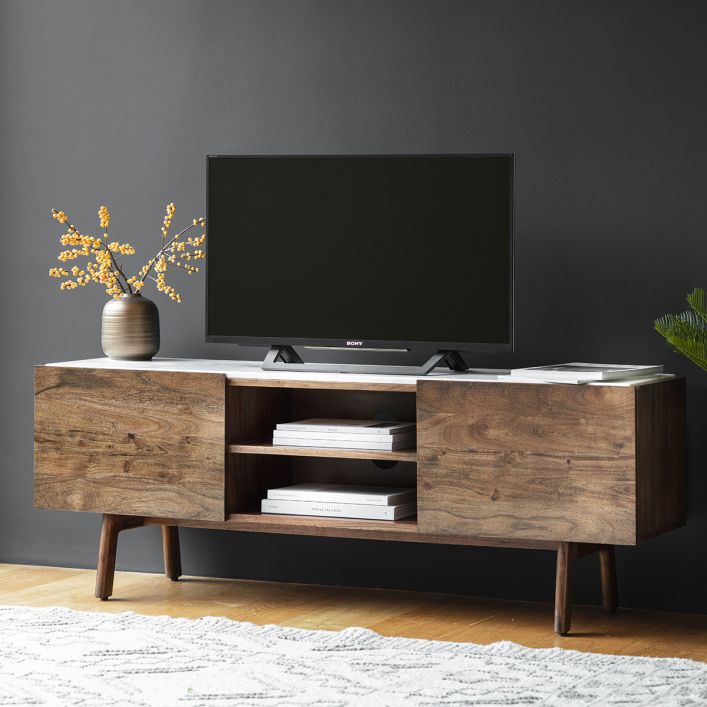 Fresca media unit / TV stand in walnut with white marble top | MalletandPlane.com