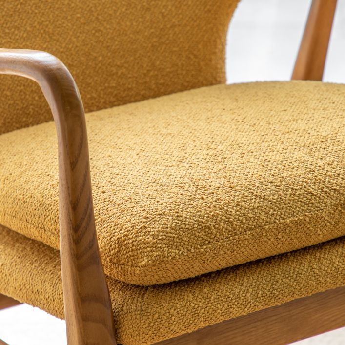 Arny Mid Century Style Small Armchair in Ochre linen with button detail | MalletandPlane.com