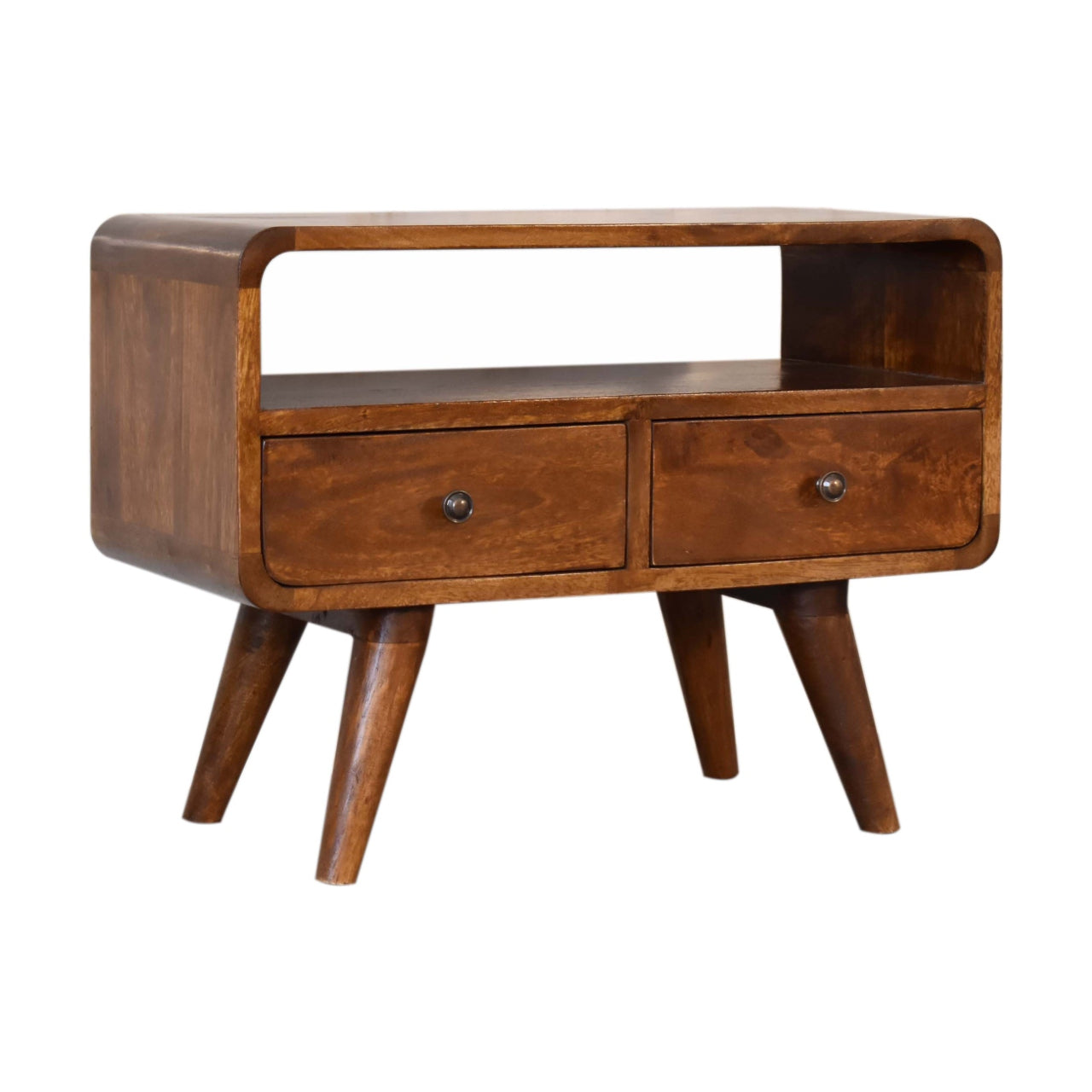 Century mini solid wood TV Stand with 2 drawers and open slot in Deep Chestnut Finish | malletandplane.com