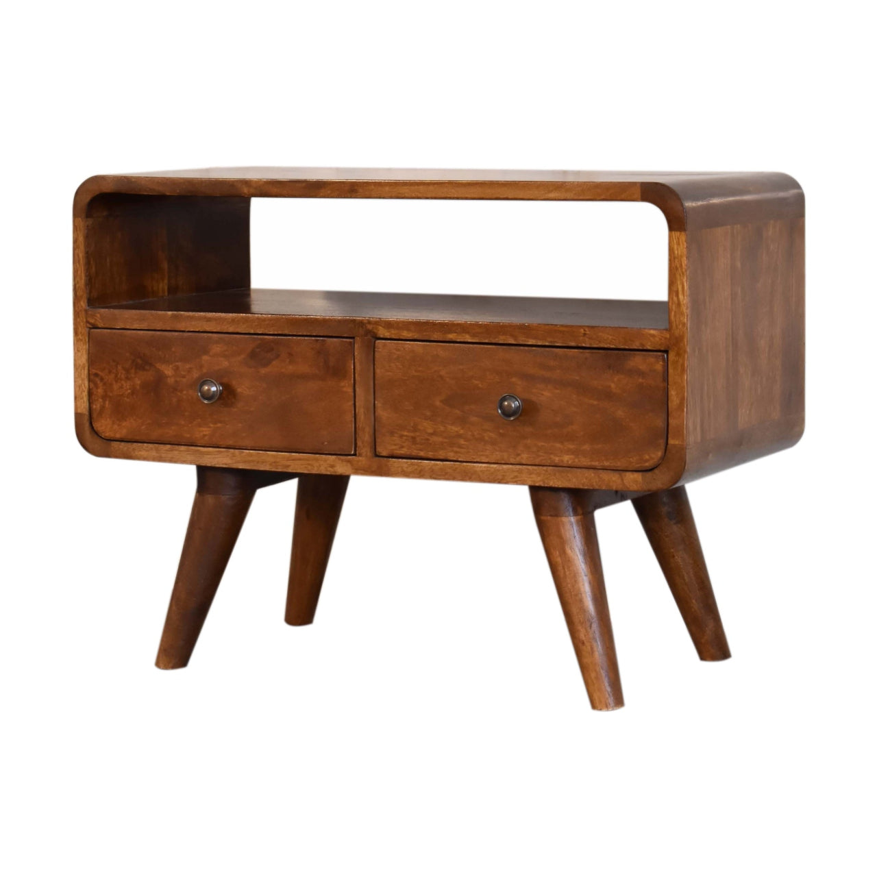 Century mini solid wood TV Stand with 2 drawers and open slot in Deep Chestnut Finish | malletandplane.com