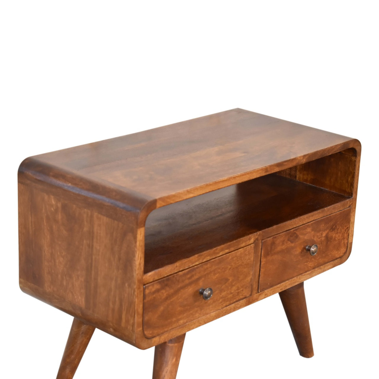 Century mini solid wood TV Stand with 2 drawers and open slot in Deep Chestnut Finish | malletandplane.com