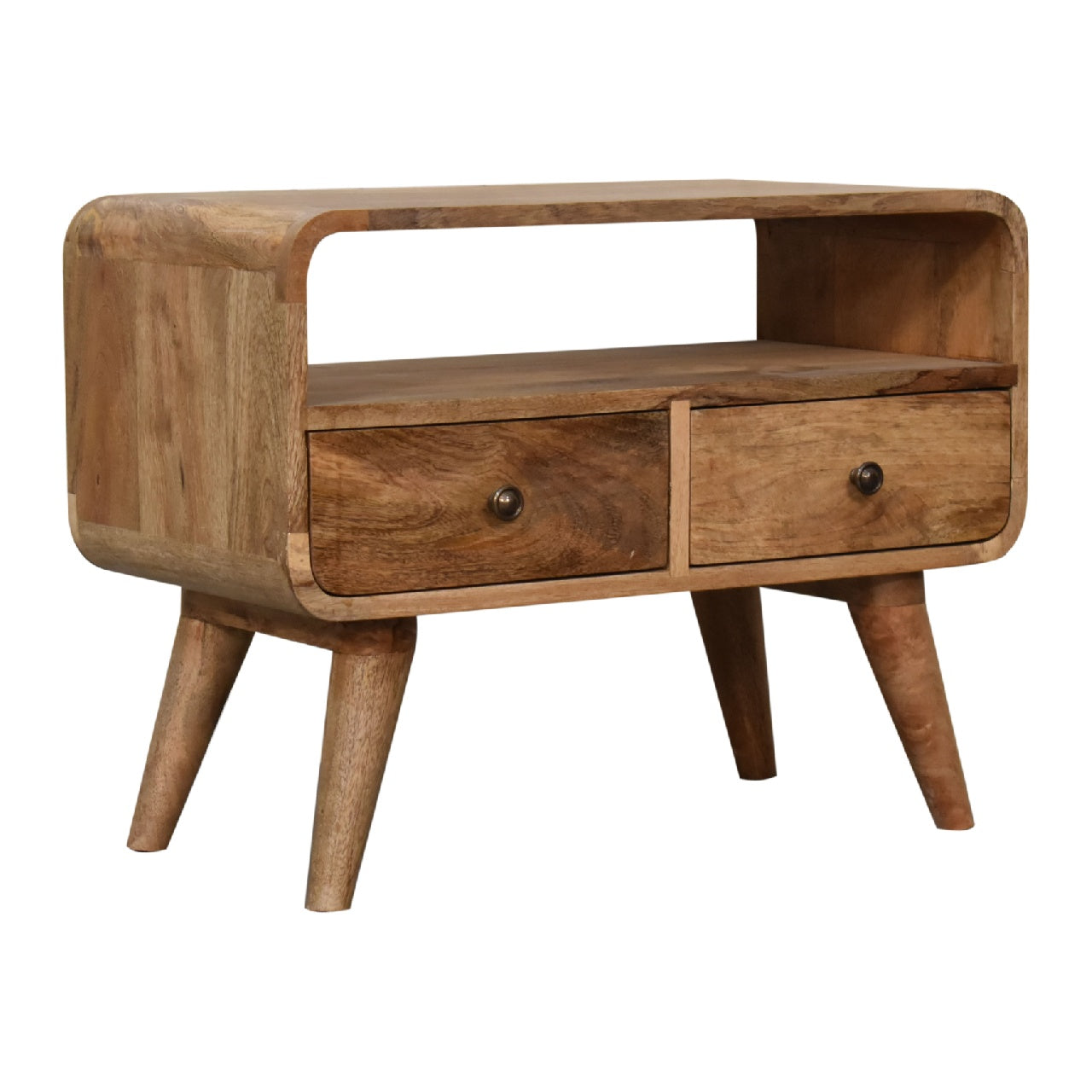 Modal handmade 2 drawer small wooden tv stand in natural oak-ish finish | malletandplane.com