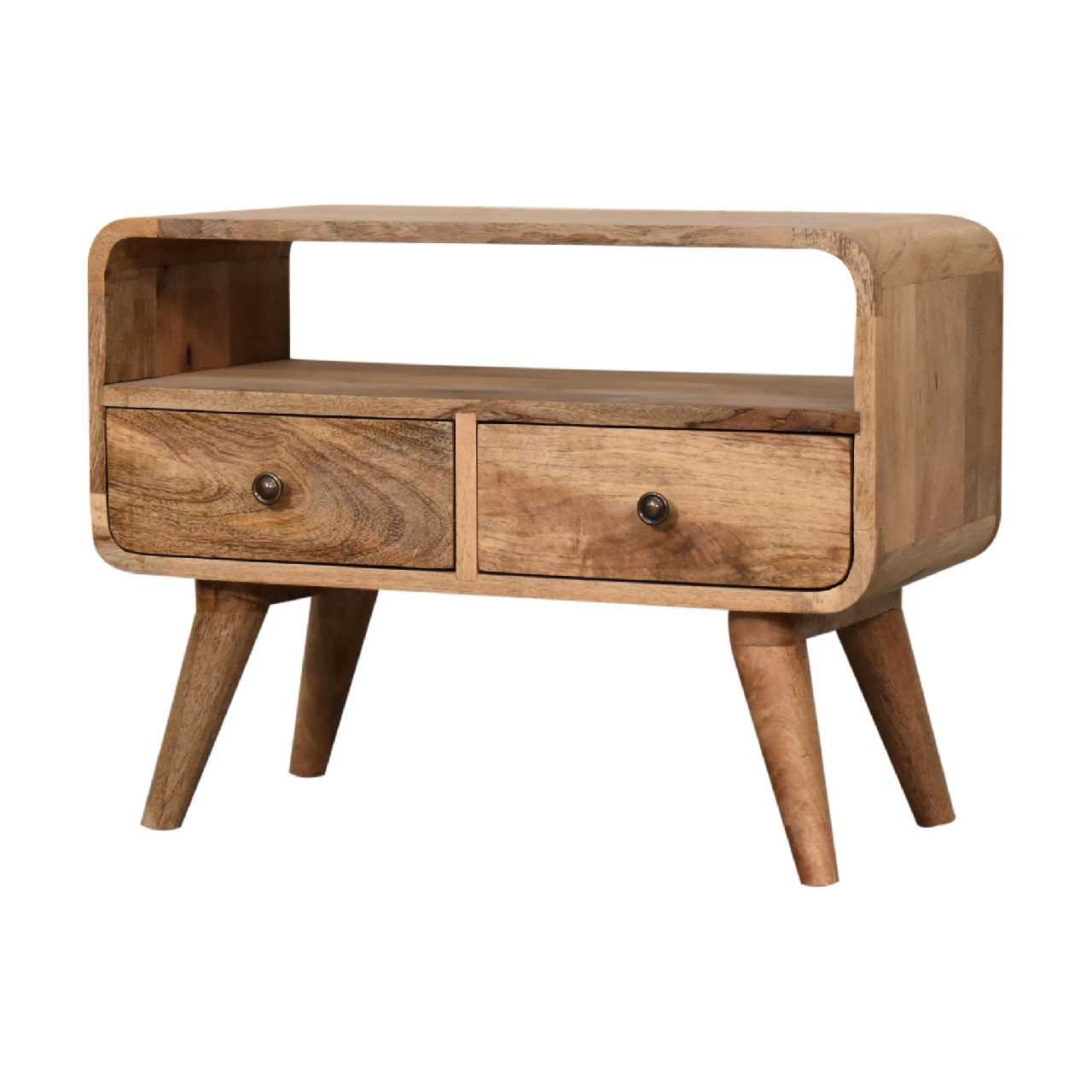 Modal handmade 2 drawer small wooden tv stand in natural oak-ish finish | malletandplane.com