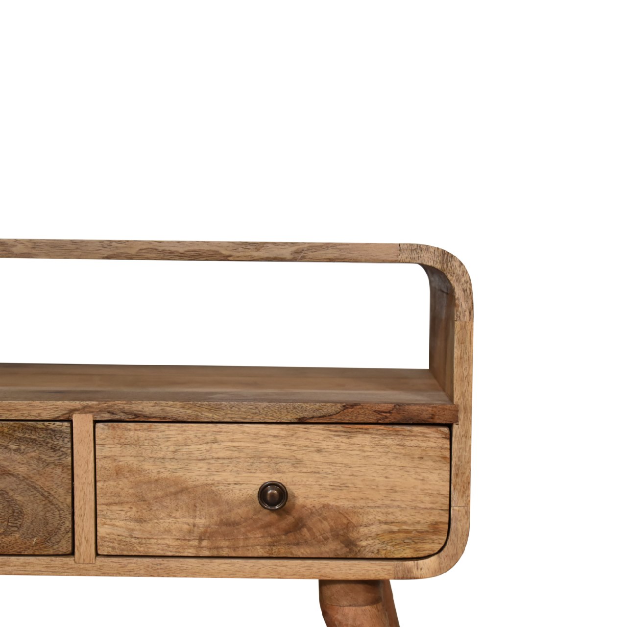 Modal handmade 2 drawer small wooden tv stand in natural oak-ish finish | malletandplane.com