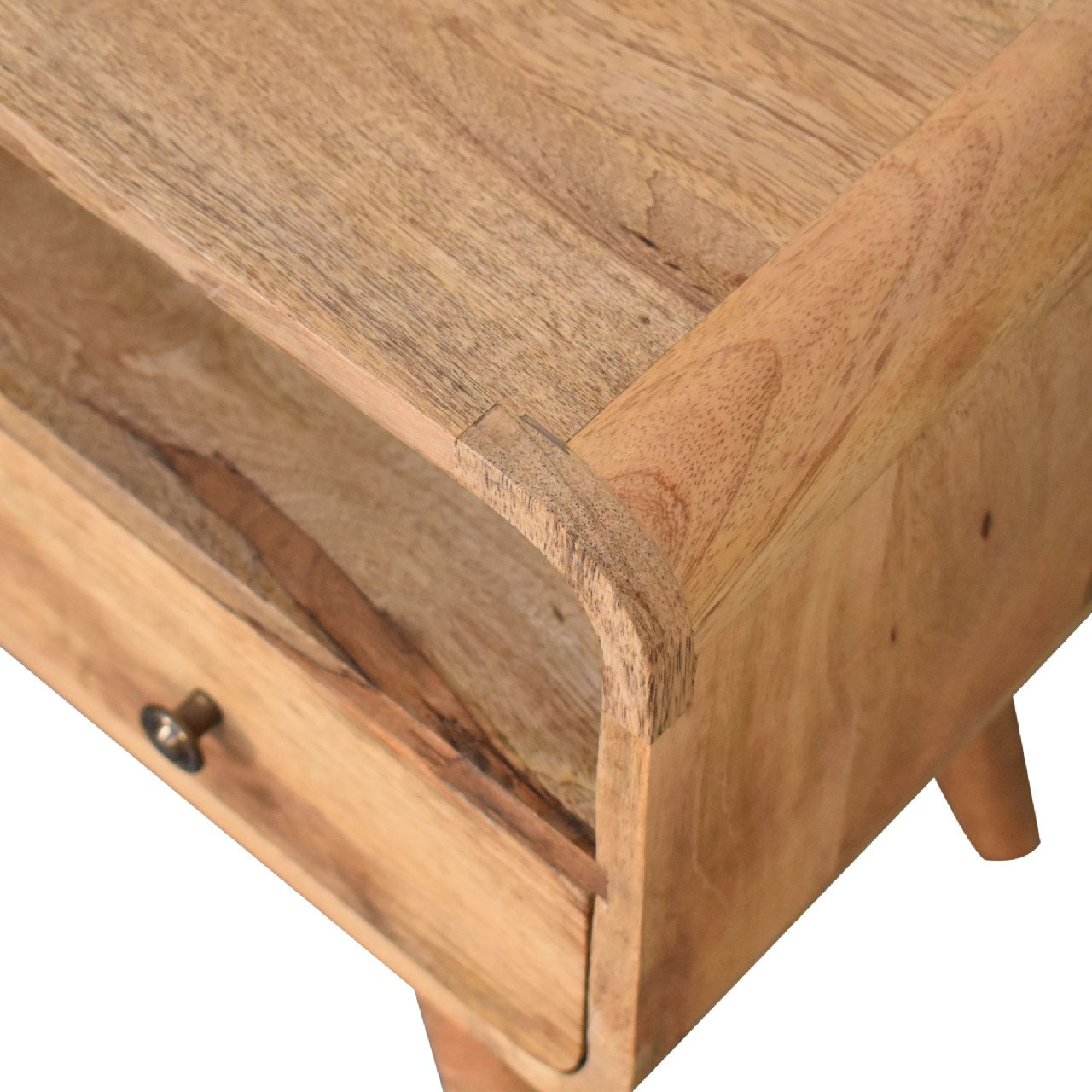 Modal handmade 2 drawer small wooden tv stand in natural oak-ish finish | malletandplane.com