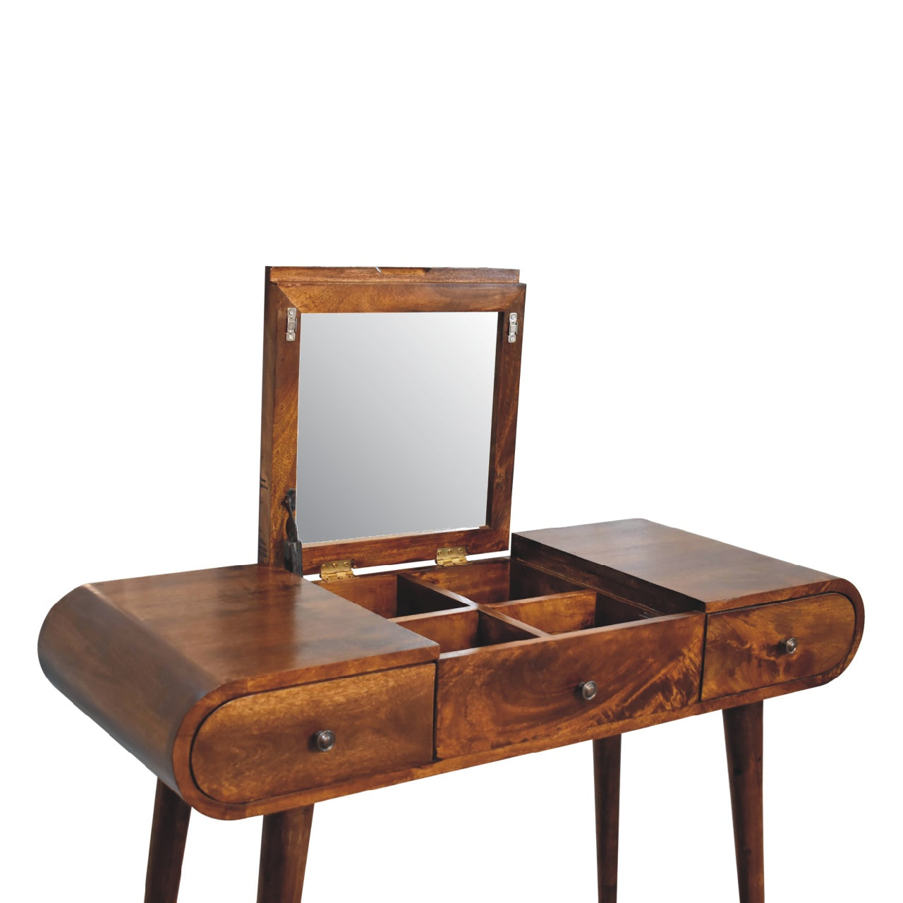 Newton handmade solid wood 3 drawer dressing table with foldable mirror in deep chestnut finish | malltandplane.com