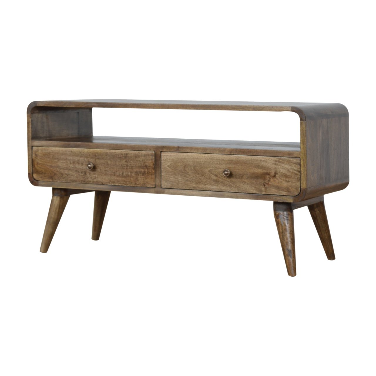 Clapham handmade solid wood TV stand with 2 drawers &amp; open slot in a subtle grey wash finish | malletandplane.com