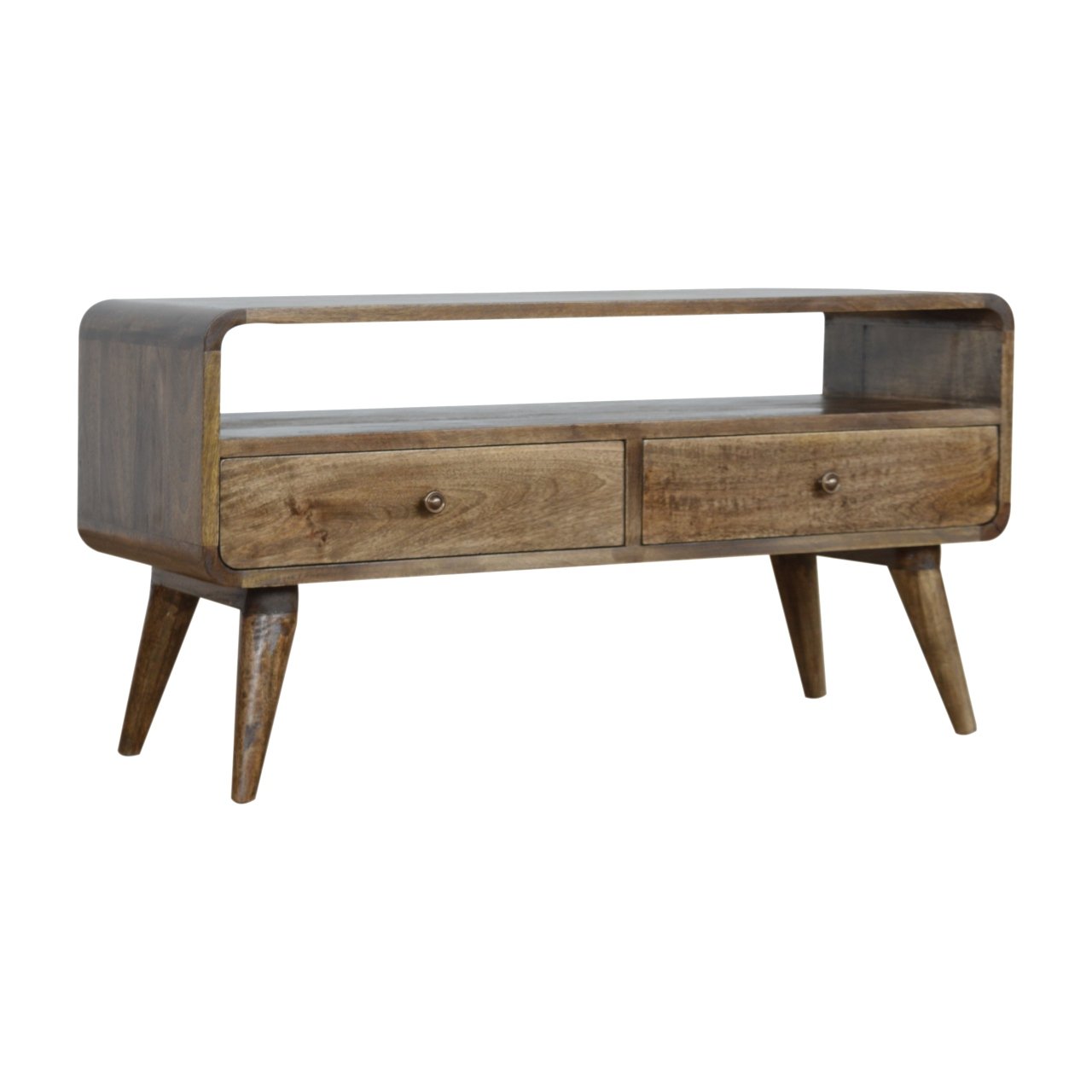 Clapham handmade solid wood TV stand with 2 drawers &amp; open slot in a subtle grey wash finish | malletandplane.com