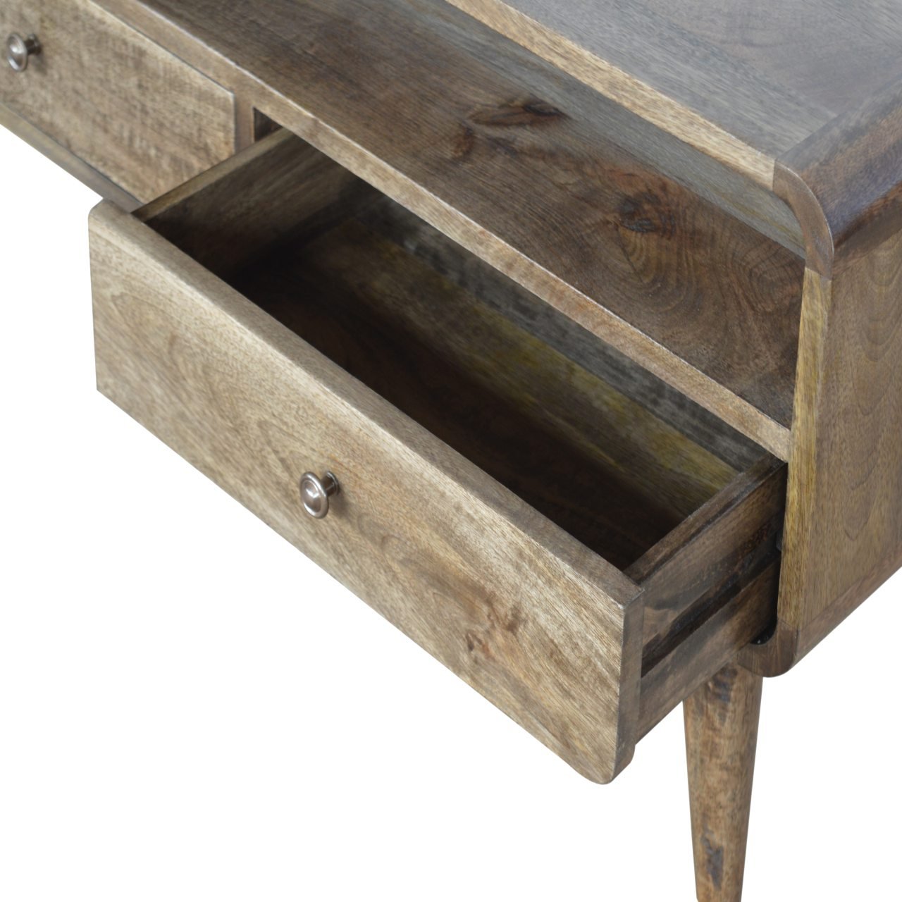 Clapham handmade solid wood TV stand with 2 drawers &amp; open slot in a subtle grey wash finish | malletandplane.com