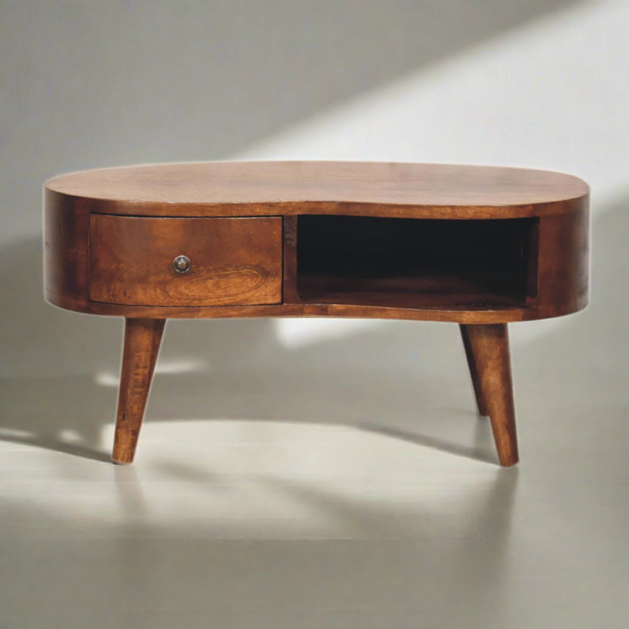 Mini Brooklyn solid wood coffee table in deep chestnut finish | malletandplane.com