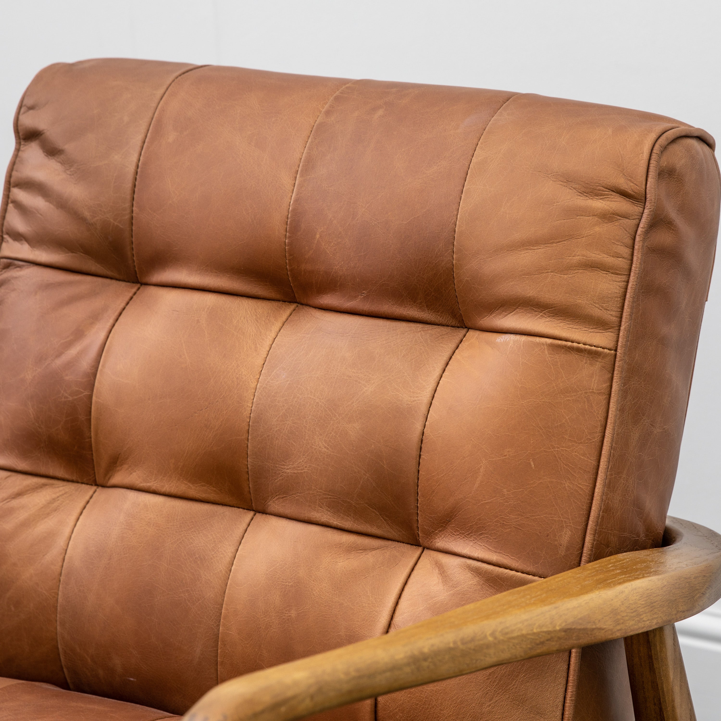 Ronson Mid Century Armchair with solid oak frame and top grain vintage brown leather upholstery | MalletandPlane.com