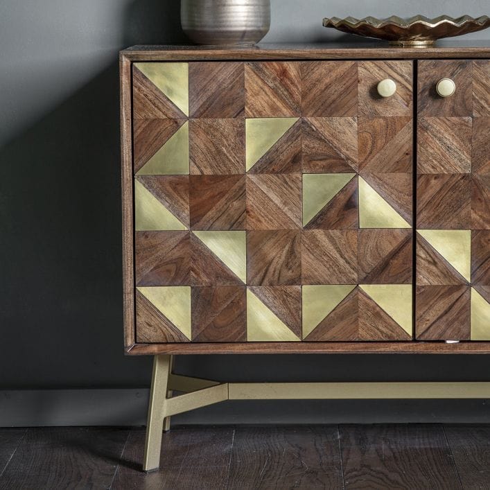 Clift 3 Door Sideboard in acacia wood with brass inlaid pattern | MalletandPlane.com