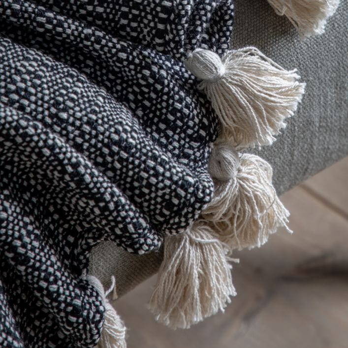 Dustin polycotton tassel throw with woven cream and black pattern | malletandplane.com