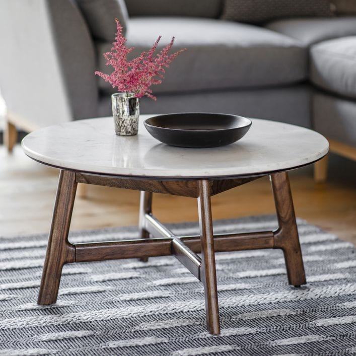 Fresca Round Coffee Table in walnut finish with marble top | MalletandPlane.com