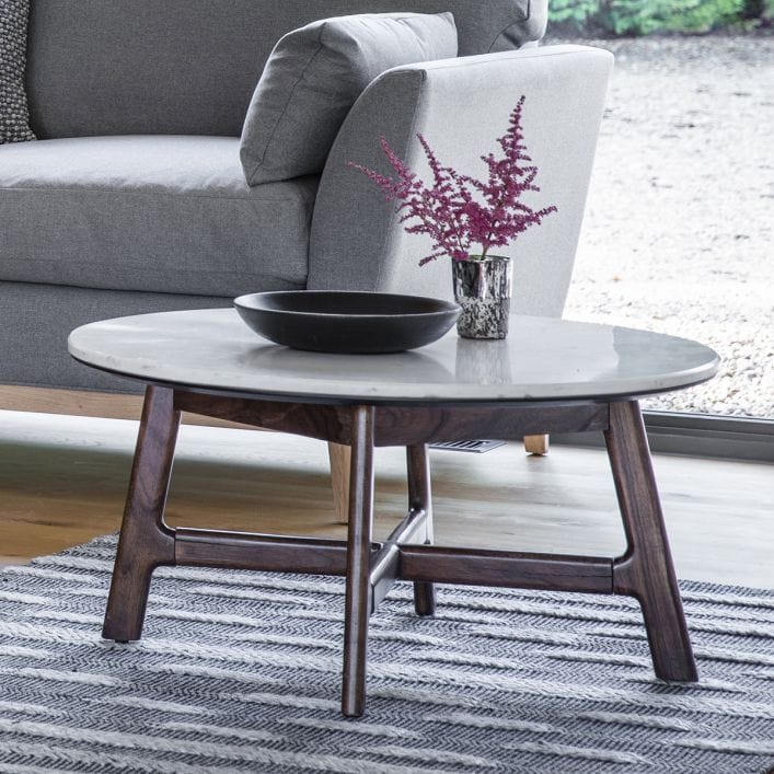 Fresca Round Coffee Table in walnut finish with marble top | MalletandPlane.com