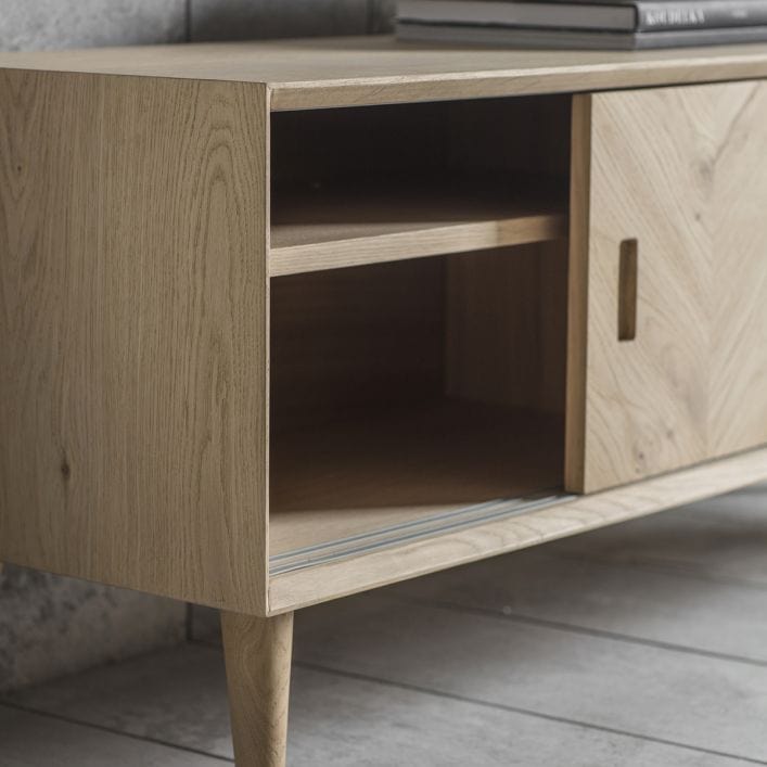 Jakob Oak TV Stand with Inlaid Chevron Design, 2 sliding doors, interior shelves and cable management access | MalletandPlane.com