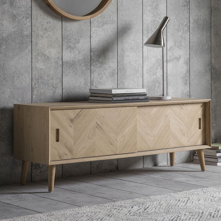 Jakob Oak TV Stand with Inlaid Chevron Design, 2 sliding doors, interior shelves and cable management access | MalletandPlane.com