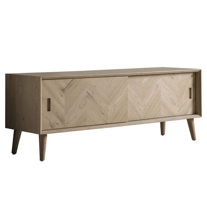 Jakob Oak TV Stand with Inlaid Chevron Design, 2 sliding doors, interior shelves and cable management access | MalletandPlane.com