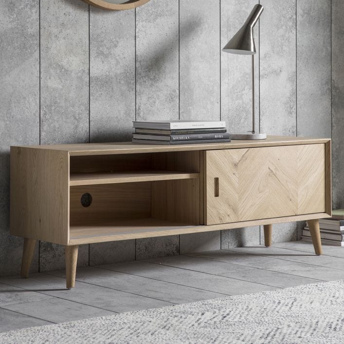 Jakob Oak TV Stand with Inlaid Chevron Design, 2 sliding doors, interior shelves and cable management access | MalletandPlane.com