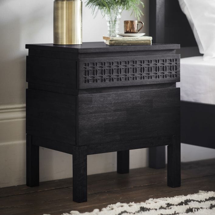 Laylah Bedside Table in matt black mango wood | MalletandPlane.com