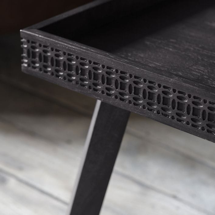 Laylah Charcoal black coffee table with inlaid pattern | malletandplane.com