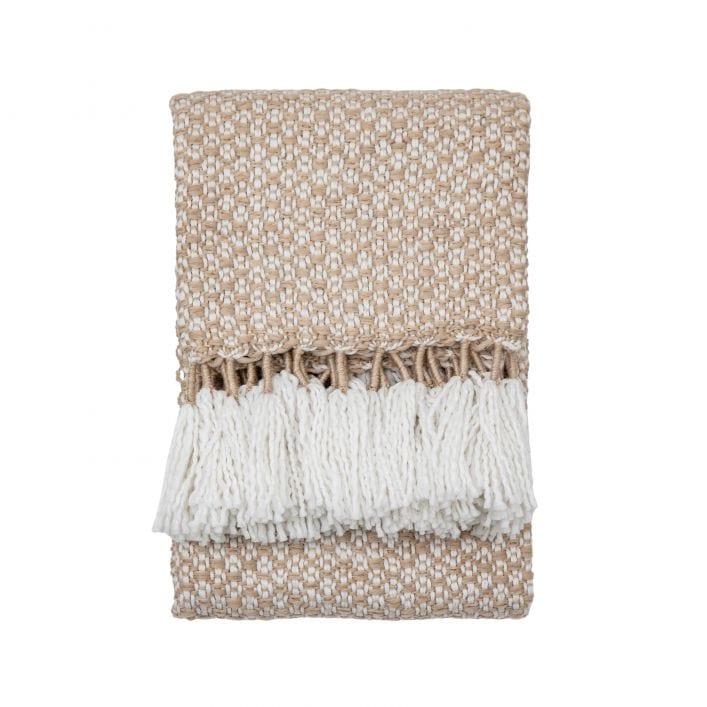 Lionel natural throw with neutral woven design and large wite tassels | malletandplane.com
