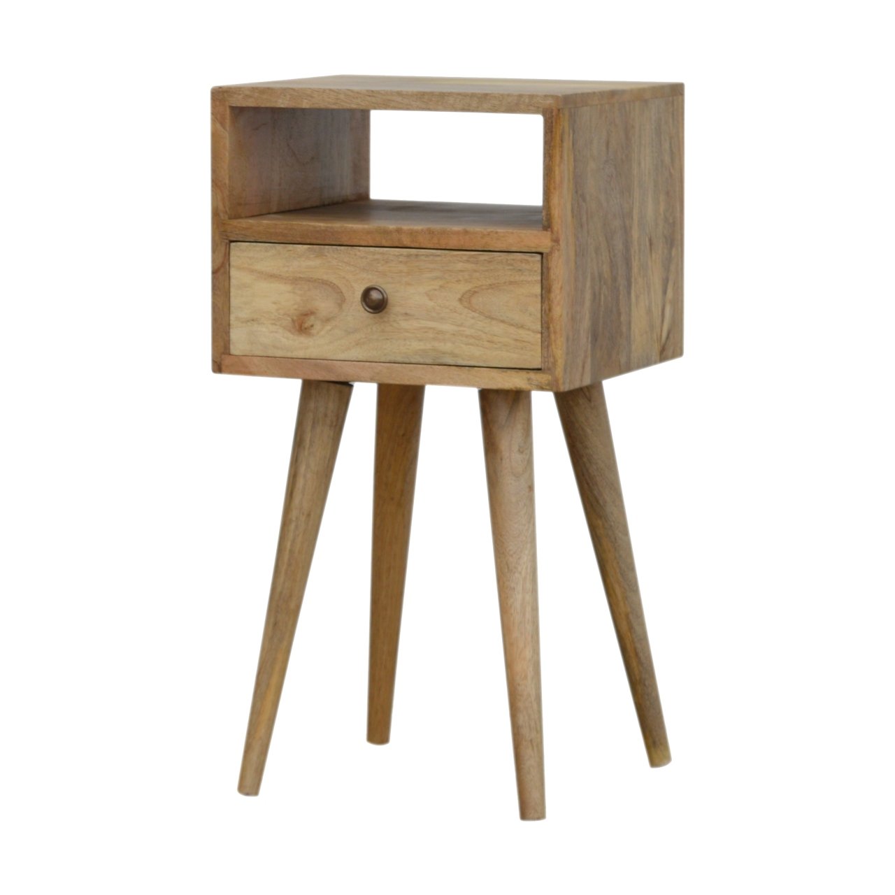 Ronan handmade solid mango wood small bedside table in a fine mango finish  | malletandplane.com