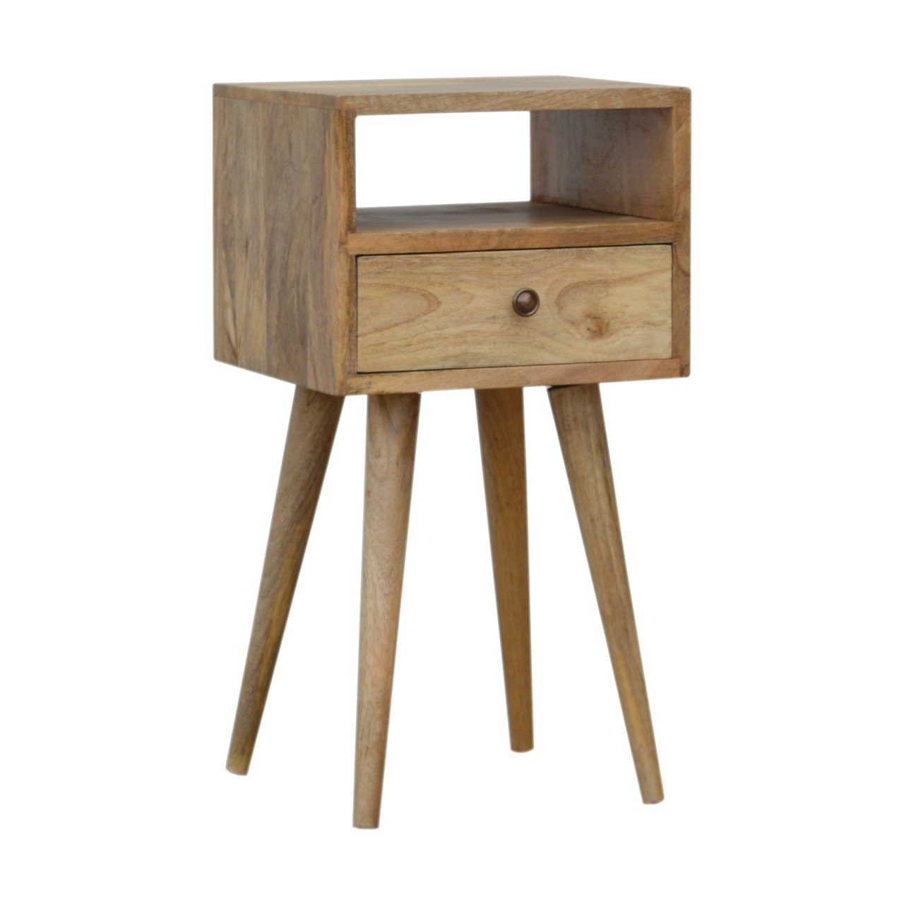 Ronan handmade solid mango wood small bedside table in a fine mango finish  | malletandplane.com