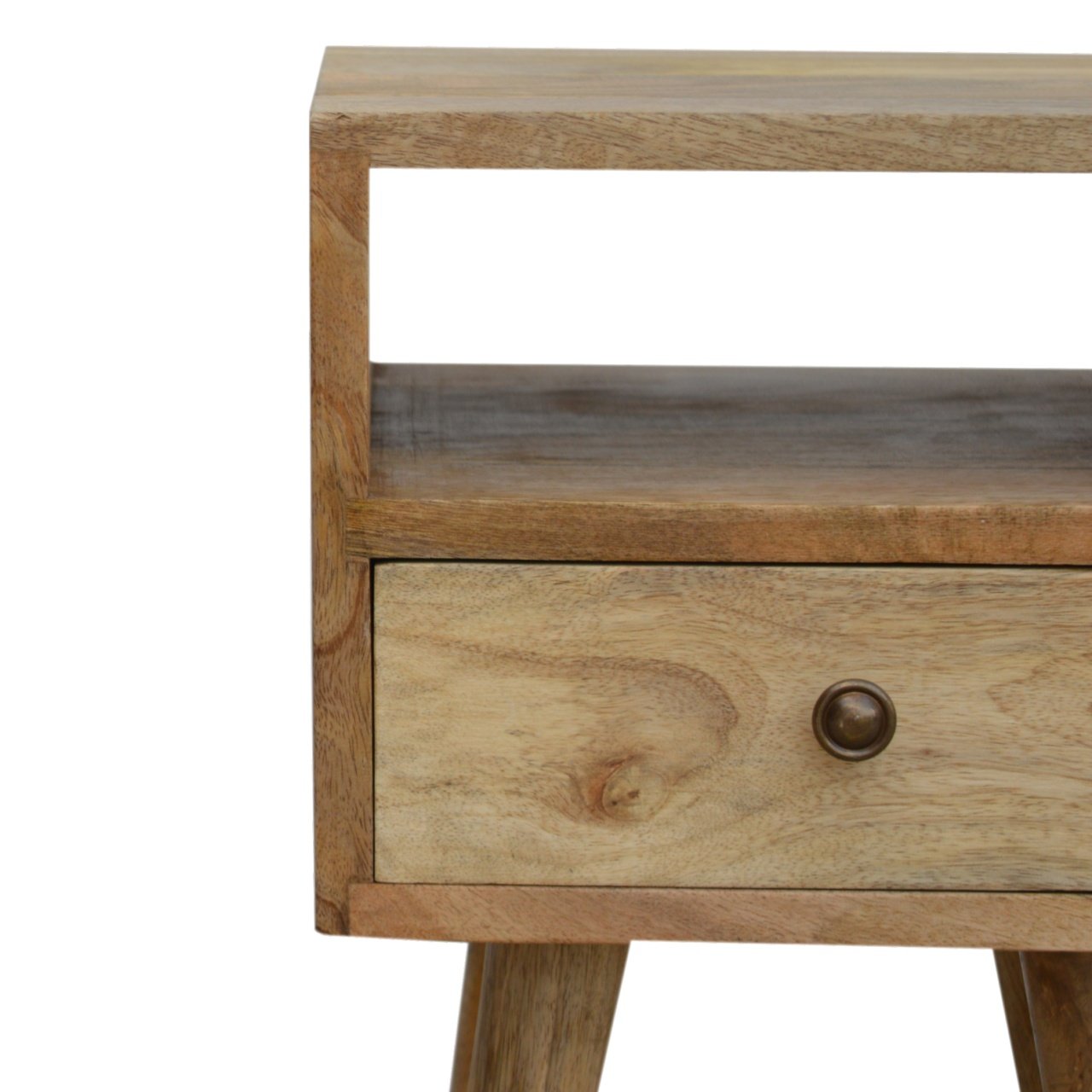 Ronan handmade solid mango wood small bedside table in a fine mango finish  | malletandplane.com