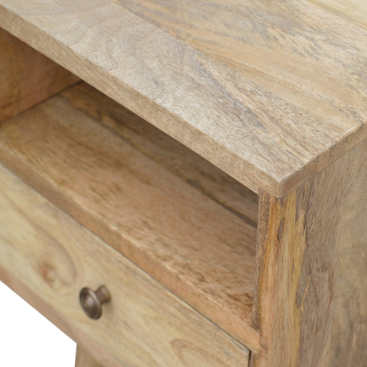 Ronan handmade solid mango wood small bedside table in a fine mango finish  | malletandplane.com