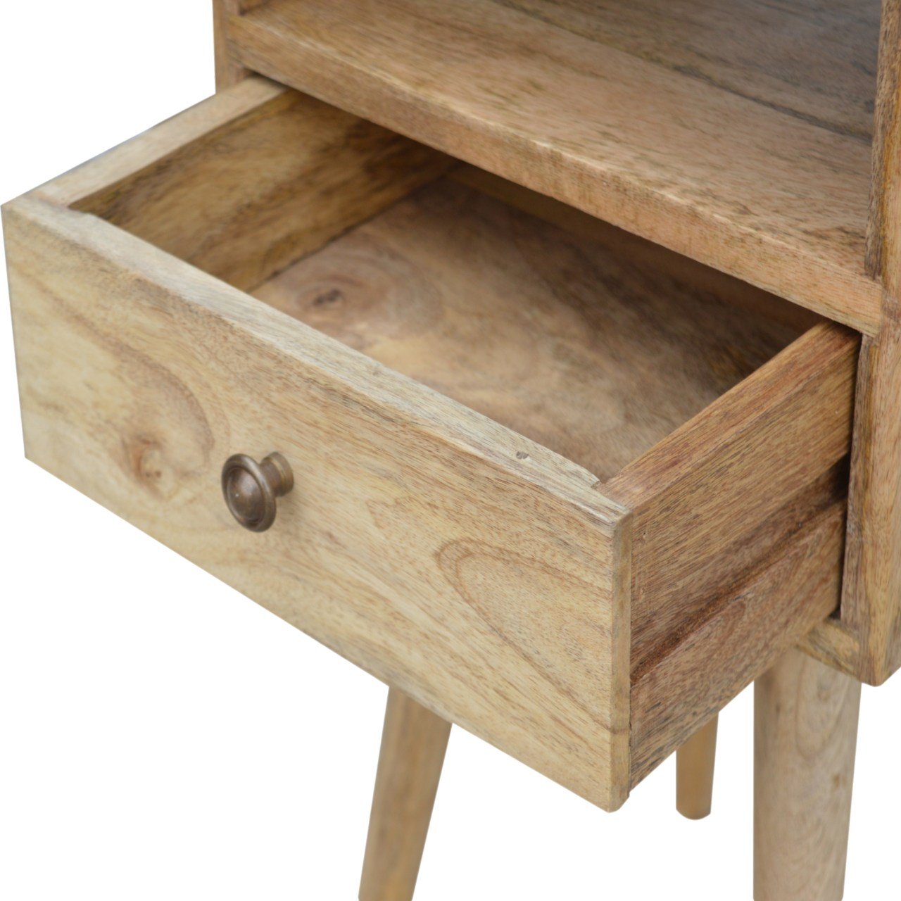 Ronan handmade solid mango wood small bedside table in a fine mango finish  | malletandplane.com