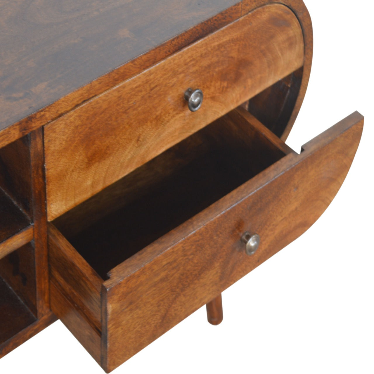 Newton handmade 2 Drawer Curved Wooden TV Stand in Deep Chestnut | malletandplane.com