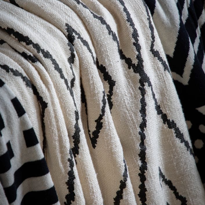 Sherpa natural throw with black pattern, black tassels and super cosy fleece back | malletandplane.com