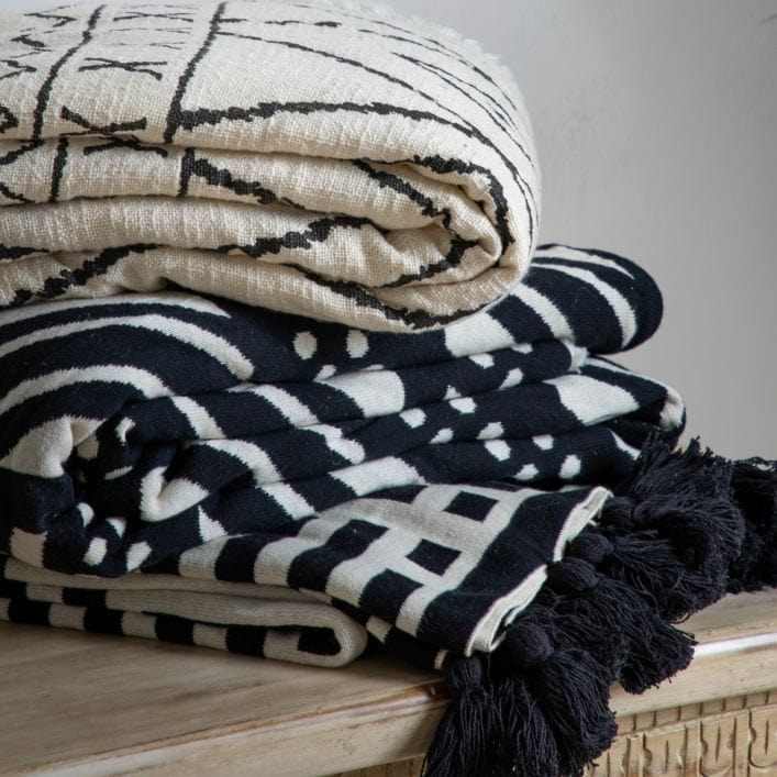 Sherpa natural throw with black pattern, black tassels and super cosy fleece back | malletandplane.com